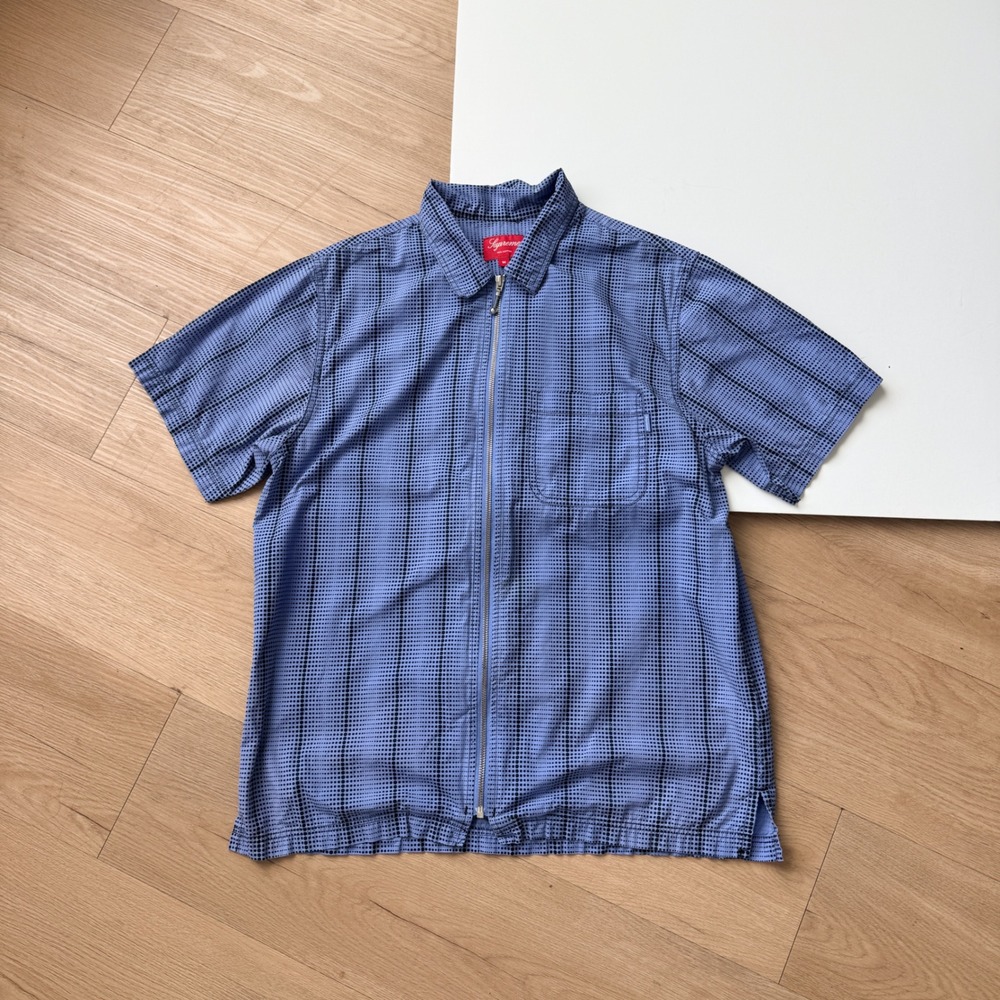 Supreme Mens Blue Halftone Dot Grid Zip Up Short Sleeve Shirt Medium Cotton